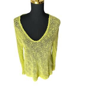 Sigrid Olsen Green Boho Knit Blouse w/ Bead Detail, Flared Sleeves, Size Medium